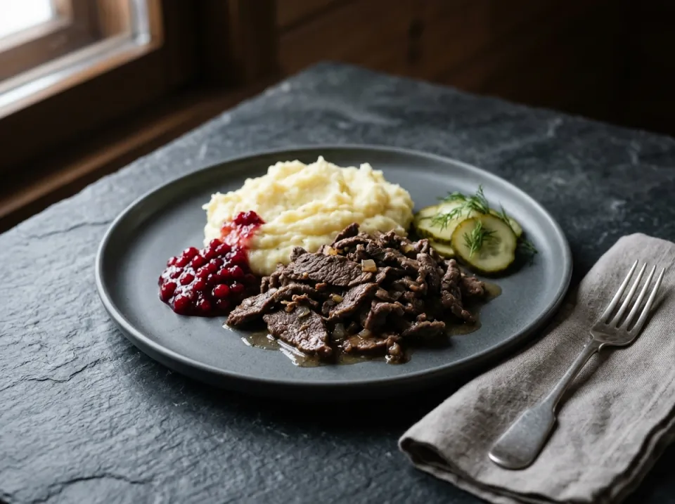 Sautéed Reindeer with Mashed Potatoes and Lingonberries
